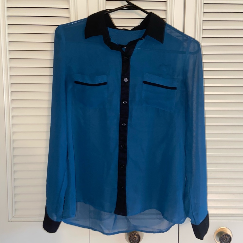 🍁Mine Turquoise & Black Long Sleeve Sheer Button Down Blouse Size Small